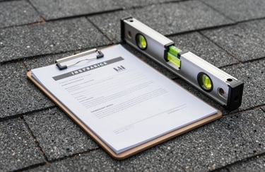 A professional clipboard with an insurance certificate and a silver contractor's level resting on a dark gray shingle surface, clean and modern aesthetic.