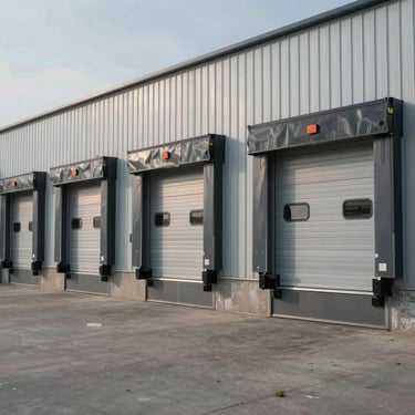 A clean shot of a modern industrial warehouse exterior in the US, showing several large automatic roll-up doors in steel gray.
