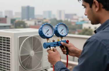A South Asian AC technician using a professional digital manifold gauge to check gas pressure on an outdoor unit, urban Noida city skyline blurred in the background.