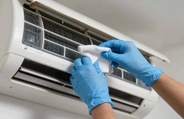 A macro photograph of a professional South Asian hands wearing blue nitrile gloves cleaning the filter of a modern air conditioner unit.