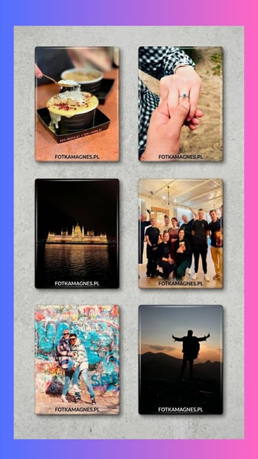 Personalized photo magnets featuring travel memories, food, and an engagement ring on a grey background.