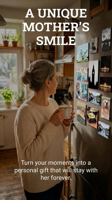 A mother smiles at personalized photo magnets on a kitchen fridge while holding a coffee mug. fotkam