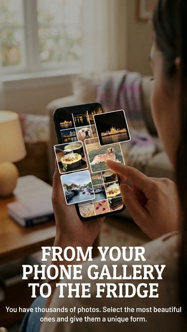 Woman selecting photos from her smartphone gallery  fotkamagnes app to create custom fridge magnets.