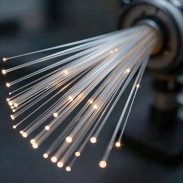A macro photograph of high-speed fiber optic cables glowing with a subtle light, symbolizing data transfer speed and modern network infrastructure.