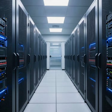 A professional wide-angle shot of a clean, modern data center corridor with metallic surfaces and blue lighting, representing technological efficiency in the US.
