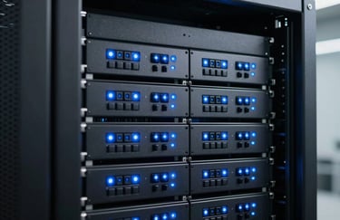 A sharp, professional photograph of a modern server rack in a North American data center. The blue indicator lights are glowing steadily in the dark slate gray environment, representing security and high-speed software performance.
