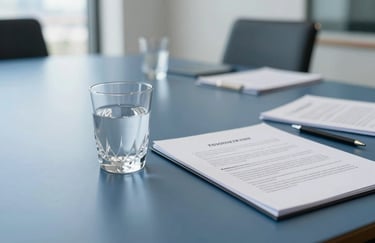 A clean, bright meeting room in a North American / US / California skyscraper, focusing on a crystal water glass and professional legal documents on a slate blue surface.