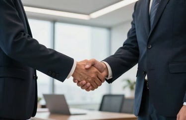 A professional handshake between two people in business attire in a brightly lit North American / US / California office setting.