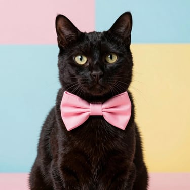Gatito color negro, usando accesorio moño color rosa en fondo de colores pastel rosa, amarillo y verde