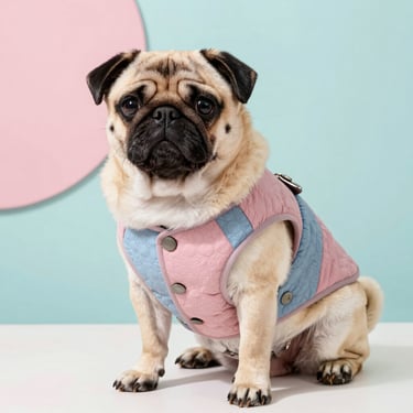 Perro Pug sentado con chaleco acolchado en colores rosa y azul pastel de Patitas Coqueta