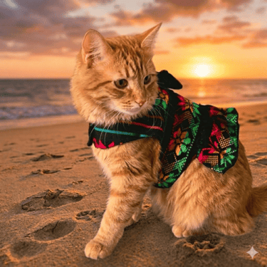 Gatito naranja con vestido colorido artesanal de Patitas Coquetas