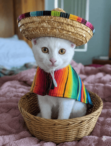 Gatito con sombrero charro vistiendo sarape artesanal para mascotas.