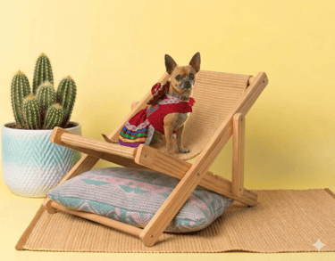 Perrita Chihuahua con vestido color rojo y sombrero artesanal de Patitas Coquetas, sentada en una mecedora