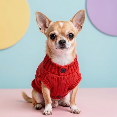 Perrito chihuahua con chaleco rojo de Patitas Coquetas
