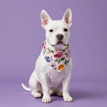 Perro blanco Bull Terrier con accesorio floral colorida de Patitas Coquetas