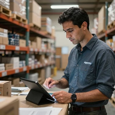 Agente logístico profesional en Latinoamérica revisando un inventario en una tableta digital dentro de un almacén moderno, enfocado y eficiente.