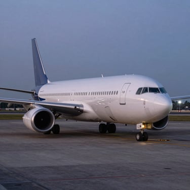 Un avión de carga de fuselaje ancho estacionado en la pista de un aeropuerto en Latinoamérica durante la hora azul, con luces de pista reflejándose en el fuselaje plateado.