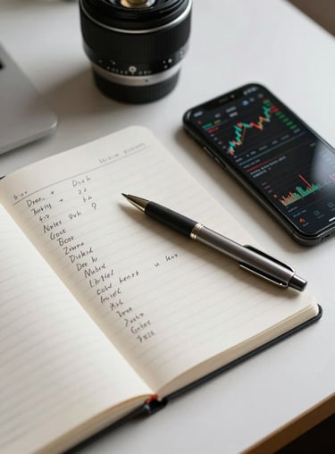 Close-up overhead view of a notebook open to hand-written financial notes and a phone screen showing a stock chart, on a clean white desk under natural daylight, pen resting across the page