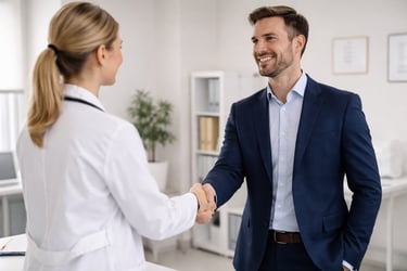 Mitarbeiter von Kontor Digital schüttelt einer Kundin freundlich die Hand