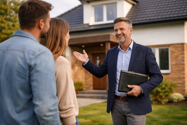 Makler spricht mit Paar vor einem Wohnhaus