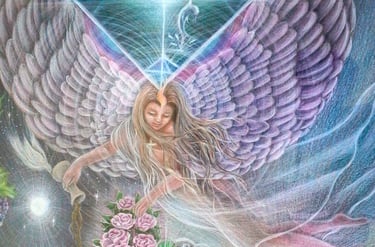 Celestial figure pouring light over blooming roses, symbolising growth and renewal 