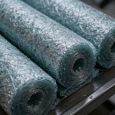 Macro photograph of safe, high-quality fiber insulation material, showing detailed texture, professional lighting with steel blue and gray hues.