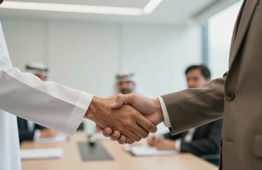 A firm, professional handshake between two businesspeople in a bright, modern Riyadh meeting room, emphasizing trust and collaboration. Palette: #F8F5EE and #B8936F.