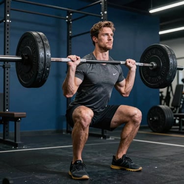 A professional male athlete lifting weights in a high-end North American gym, featuring charcoal and deep blue color tones, focused lighting.