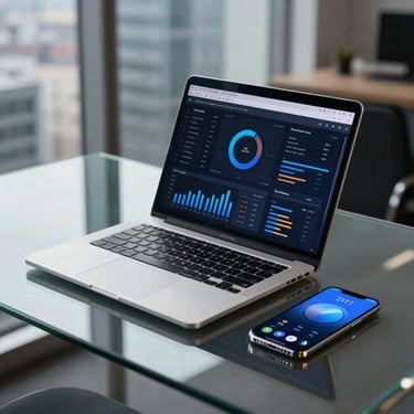 A stylish, contemporary laptop and smartphone on a glass desk in a US high-rise office, displaying digital marketing analytics with blue and silver accents.