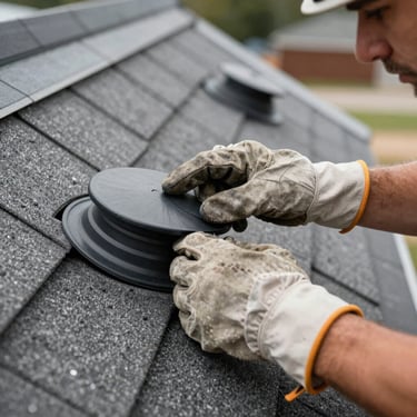 A close-up of a professional roofer's hands wearing heavy-duty work gloves, checking the sealing on a roof vent, North American / US setting.