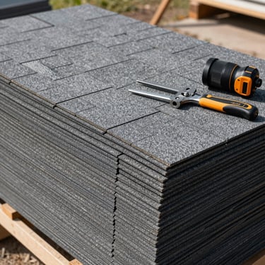 A stack of high quality gray roofing shingles and professional tools on a clean job site in North American / US, morning light.
