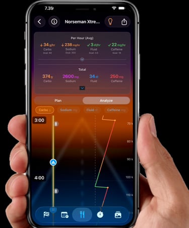 Race nutrition plan analysis with caffeine, sodium, fluid and carbohydrates