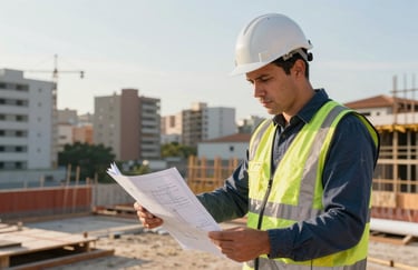 A construction expert in safety gear reviewing building plans at a job site, bright afternoon light, Sul Americano / Brasileiro residential area backdrop, professional feel.