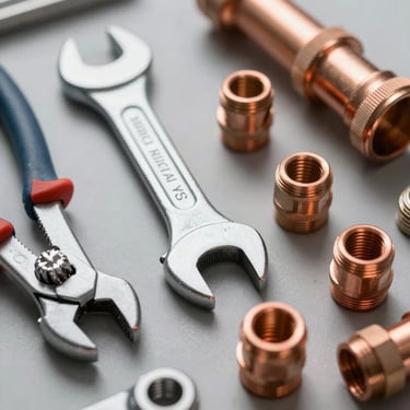 A high-quality close-up of professional plumbing tools, including a heavy-duty wrench and copper pipe fittings, laid out neatly on a clean gray surface, soft professional lighting, North American / US style tools.