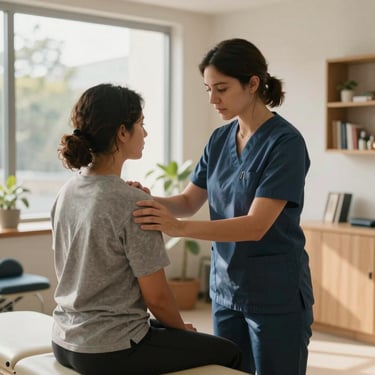A therapist working with a patient during a rehabilitation session in a modern, sunlit studio in South America, warm clinical atmosphere.