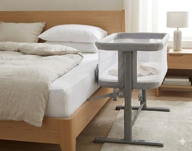 Un lit cododo moderne en tissu gris solidement attaché à un grand lit parental dans une chambre lumi