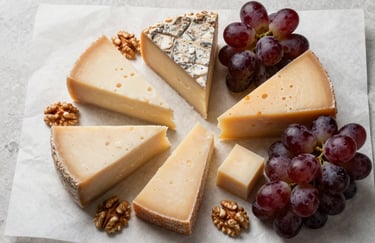 A top-down culinary flat lay of artisanal hard cheeses, dark crimson grapes, and walnuts on a crisp parchment paper background.