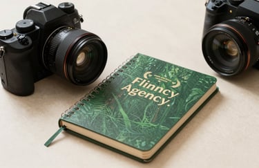 A professional camera and a forest green notebook on a crisp parchment-colored desk, symbolizing the agency's creative planning process.
