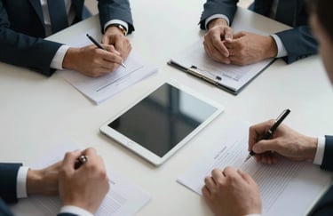 A top-down view of a business meeting in a bone white conference room. A silver mist tablet and deep charcoal documents are visible on the table, reflecting a growth-oriented, professional strategy session.