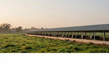 A line of healthy dairy cows at a farm, highlighting the hygienic environment, with soft earthy brown tones (#4B3B32).