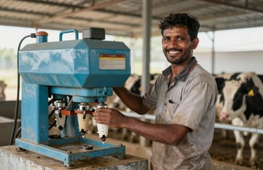 A dairy farmer in Bahawalnagar smiling while using a 12V battery-operated milking machine in a clean stall.
