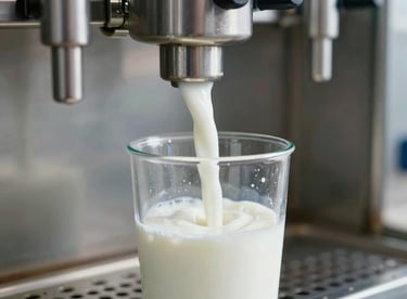 A clear container being filled with fresh, hygienic milk using the automated system.