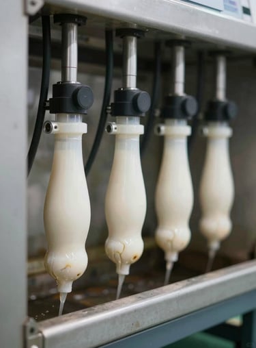 A detailed shot of the durable milking clusters and vacuum tubes attached to a machine.