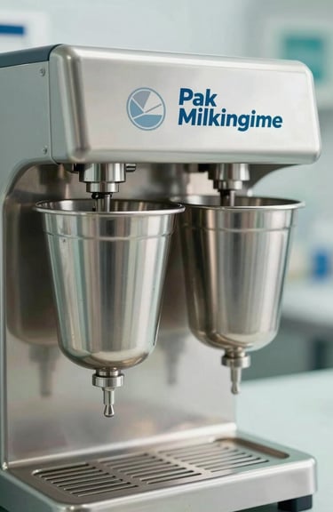 A close-up of a stainless steel dual-bucket milking machine with the Pak Milking Machine logo, professional lighting, reflecting #BAC9A3 tones.