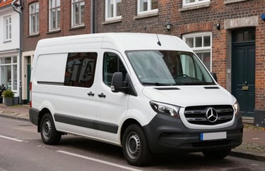 A service van parked in a typical Northern European / German / Hamburg street, showcasing a local plumbing team's readiness. The vehicle is clean and modern. The background features traditional brick houses.