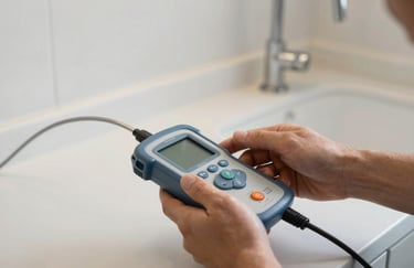 A specialist plumber's hands using professional electronic leak detection equipment in a modern Northern European / German / Hamburg kitchen. The focus is on precision and advanced technology. Colors: light steel blue and off-white.