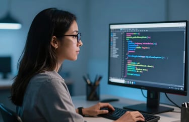 A professional Peruvian woman with glasses looking at a monitor displaying lines of code, the room is bathed in soft blue light, professional atmosphere.