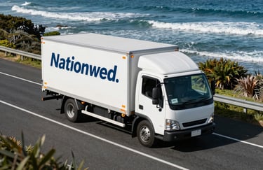 A high-angle shot of a white moving truck parked on a coastal New Zealand road near the sea, showcasing nationwide service.
