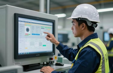An engineer in a Southeast Asian / Indonesian facility checking a digital interface, reflecting a professional and efficient brand atmosphere.