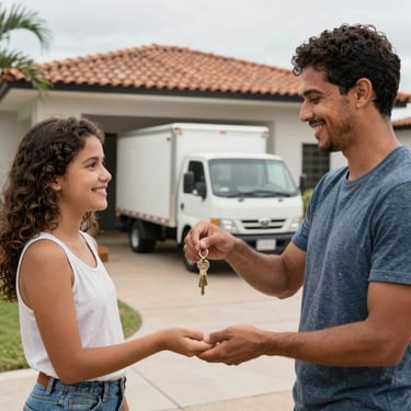 A South American / Brazilian family smiling as they receive keys in front of their new home, a clean moving truck visible in the background background.